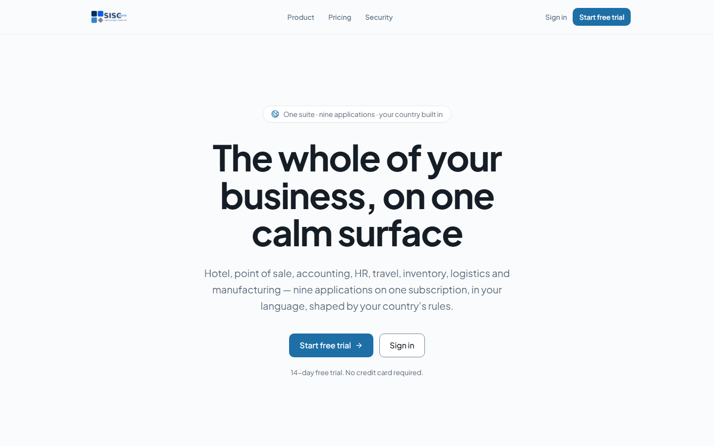 The SISC Suite welcome screen in a browser window: a headline over a calm surface, and a button that starts the free trial.