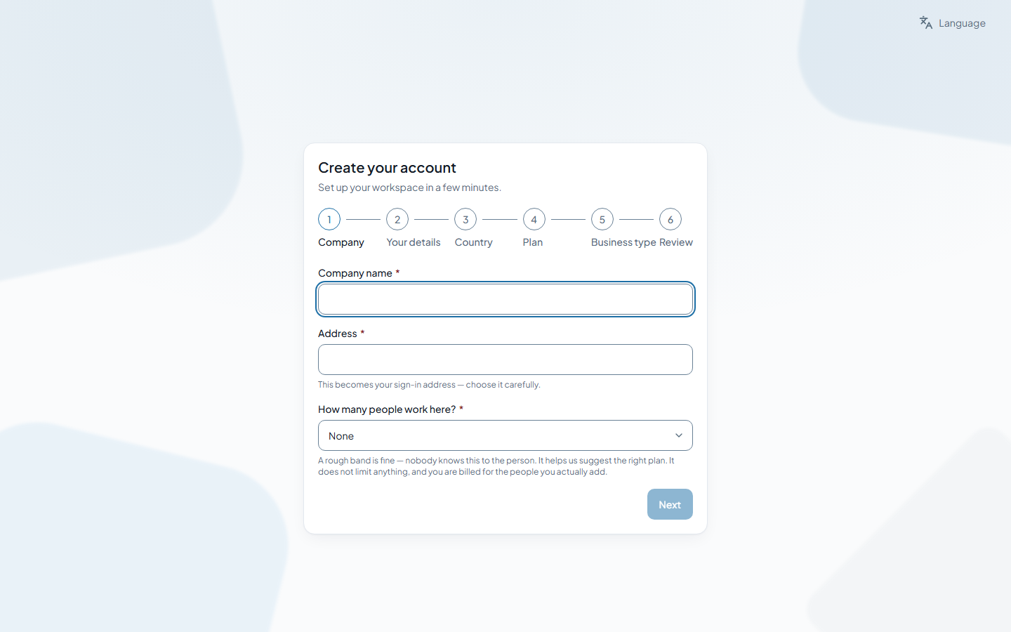 The first step of creating a workspace: company name, the sign-in address it will live at, and the size of the team.